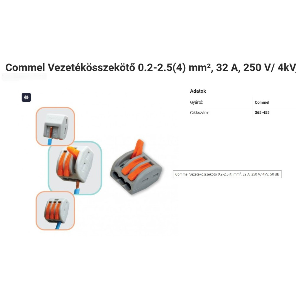 Commel 3-as vezetékösszekötő három pólusú gyorskötő 32A