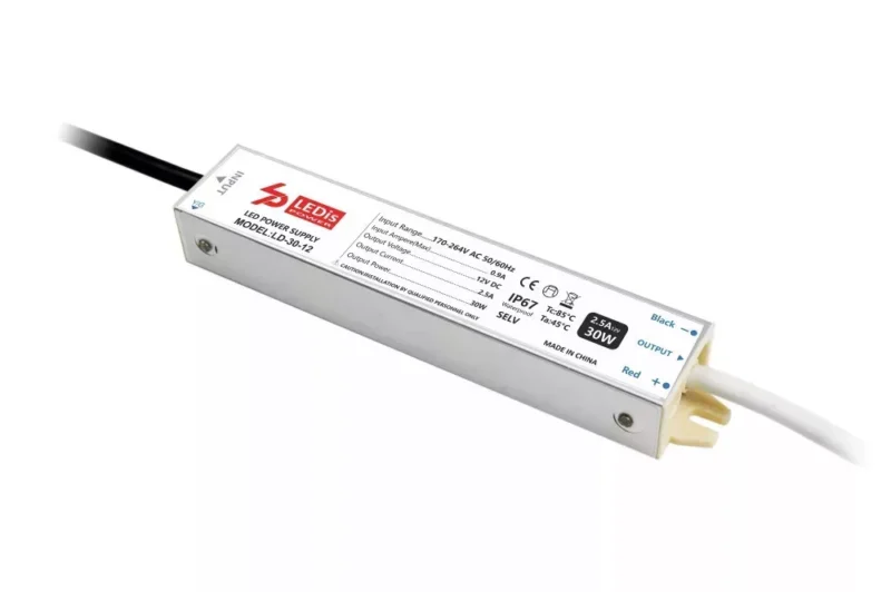 LEDis LD-30-24 LED-tápegység 24 V DC 30 W IP67 vízálló elölnézetből