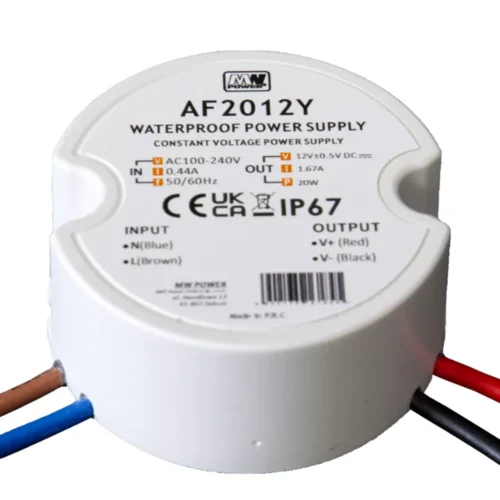LED power supply AF2024Y vízálló 24 V 20 W IP67 kerek tápegység szerelődobozba elölnézetből