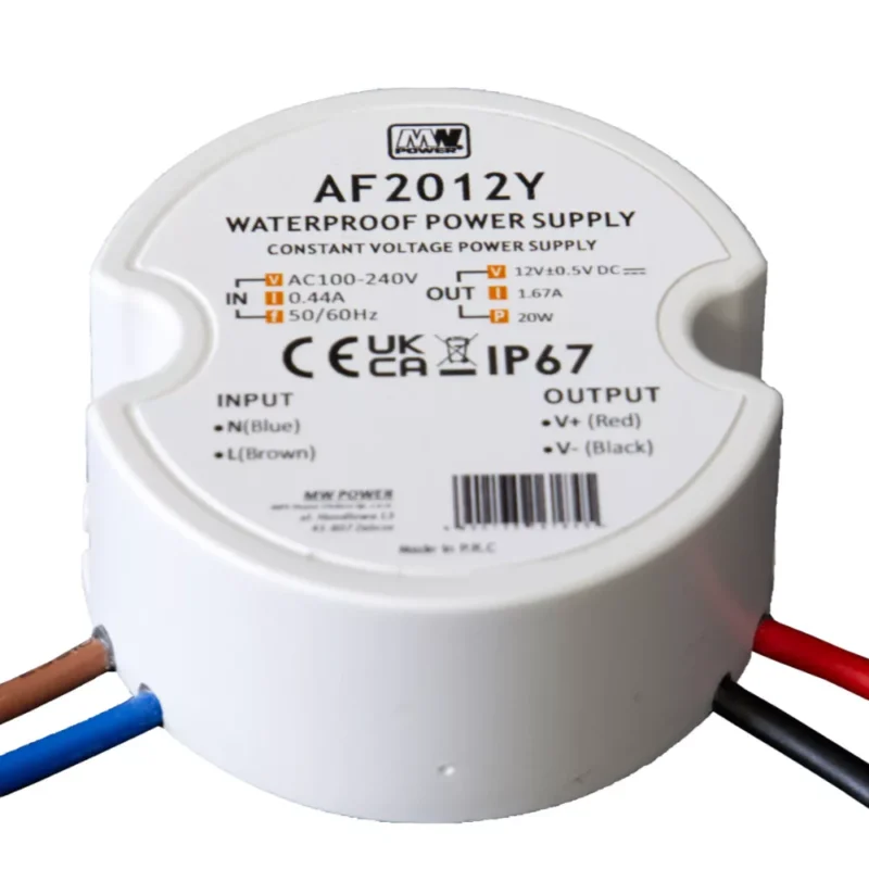 LED power supply AF2024Y vízálló 24 V 20 W IP67 kerek tápegység szerelődobozba elölnézetből