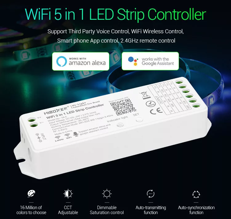 MB-WL5 MiLight 5in1 WiFi vezérlő WL5 csatlakoztatása tápegység és RGBCCT LED-szalag közé