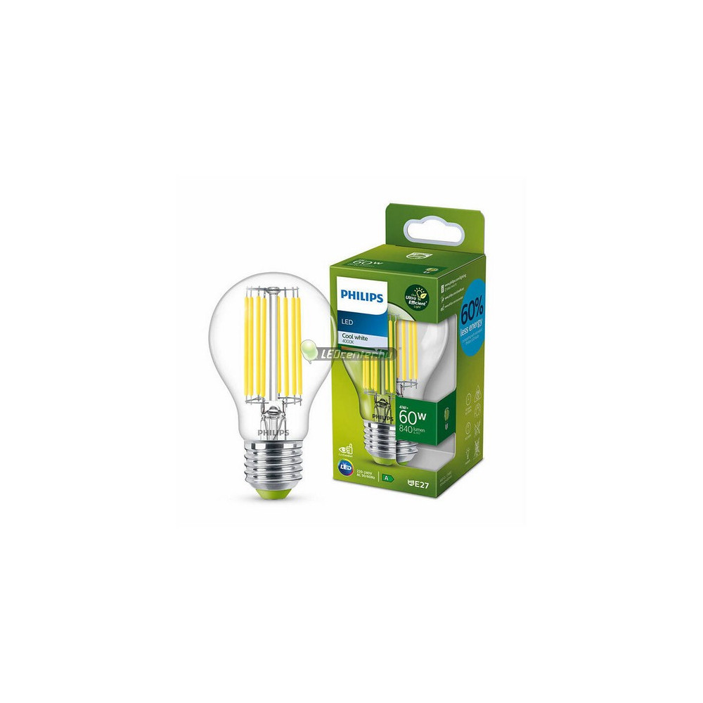 Philips-Ultraefficient-4w-60w-termeszetes-feher-filament-1.jpg Philips ultrahatékony E27 körte 4W LED 840 lumen természetes fehér A energiaosztály