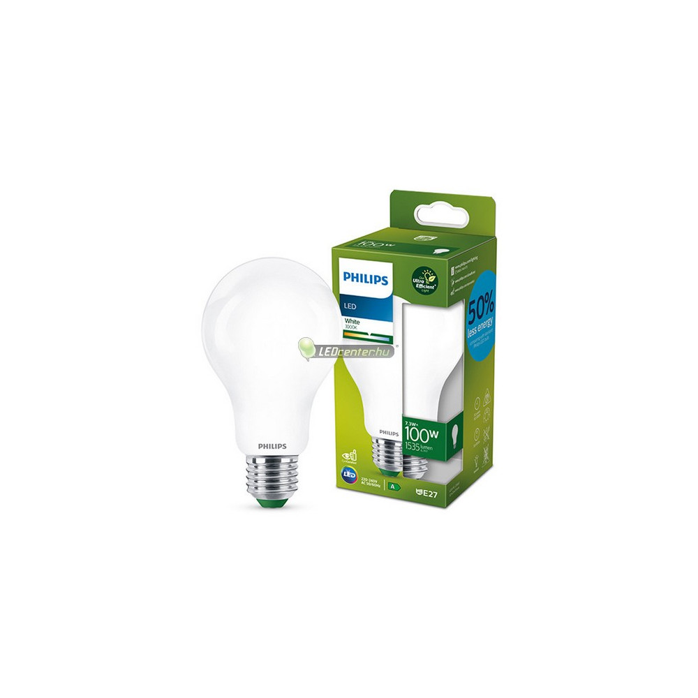 Philips-Ultraefficient-7-3w-100w-melegfeher-fr-1.jpg PHILIPS ultrahatékony 7,3W E27 LED körteégő, matt búra