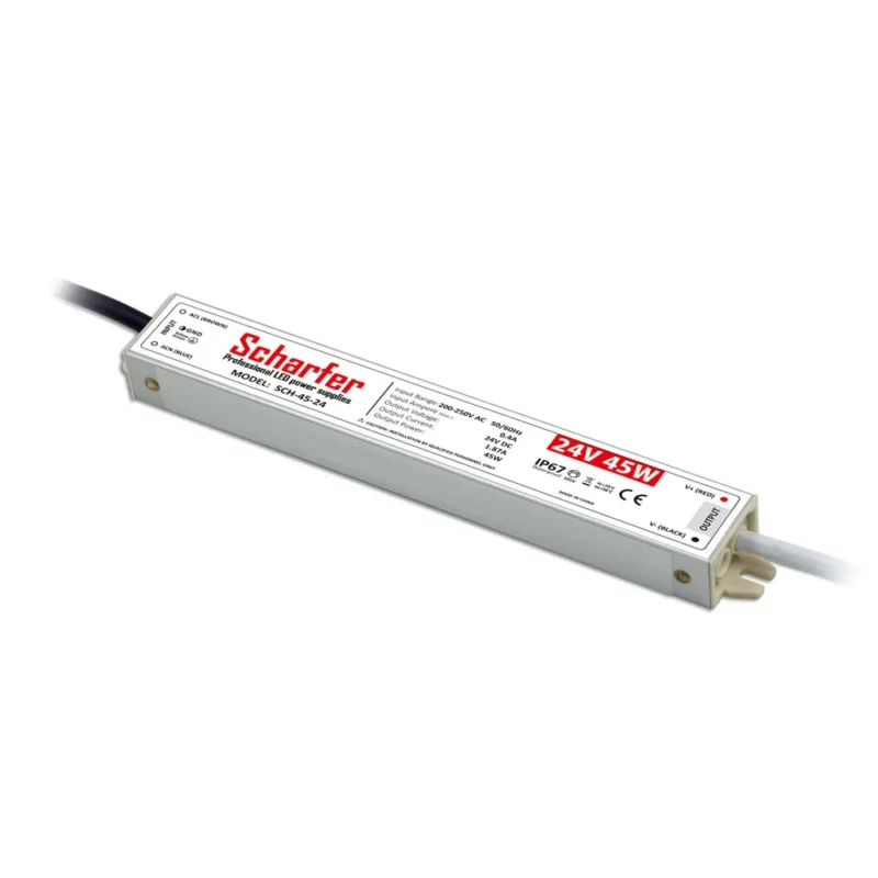 Scharfer SCH-45-24 LED-tápegység 24 V 45 W IP67 vízálló kettős szigetelésű fémházas