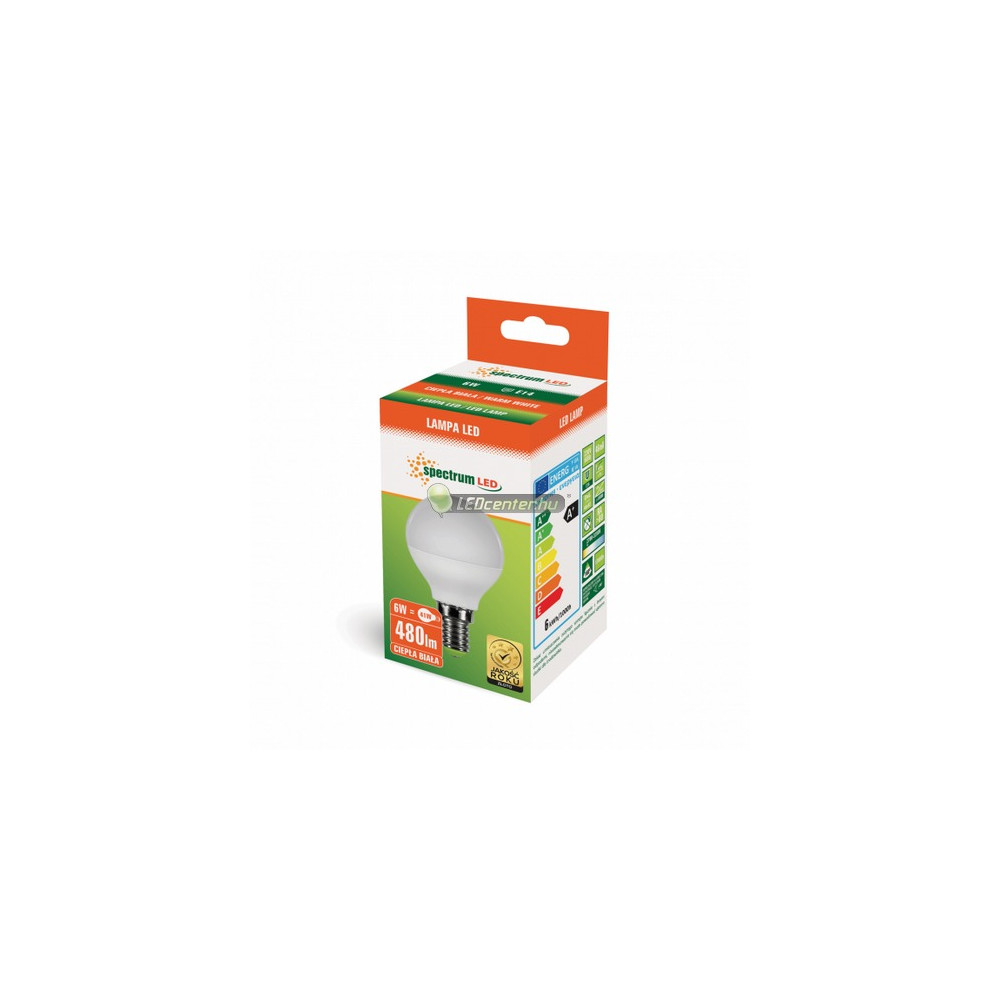 e14_led_kisgomb_6w_mf_doboz.jpg E14 LED kisgömb izzó melegfehér 6W 480 lm SpectrumLED csomagolás doboz