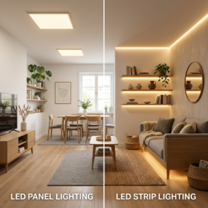LED szalag vagy LED panel összehasonlítás: rejtett szalagfény és mennyezeti LED panel egy modern nappaliban