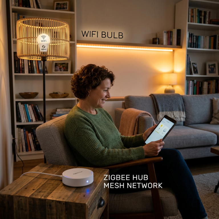 WiFi okosizzó vs Zigbee okosvilágítás: okosizzó a routeren és Zigbee hub mesh hálózattal egy okosotthonban