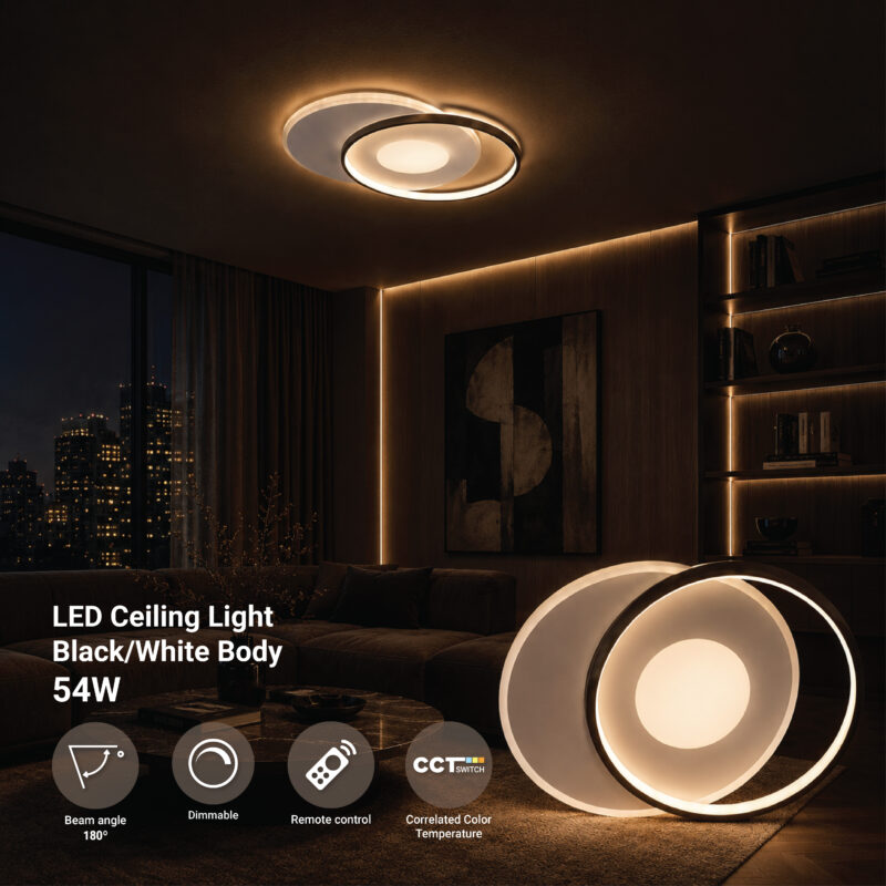 Optonica LED mennyezeti lámpa 54W CCT, távirányítós, fehér-fekete – 4120 lm