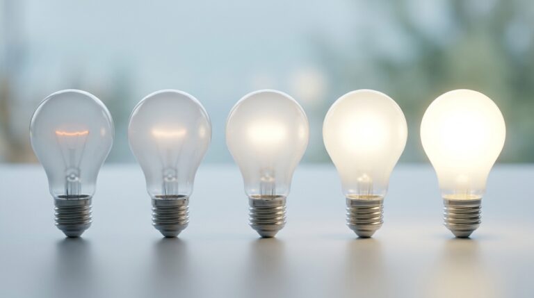 Öt LED izzó egymás mellett, egyre nagyobb fényerővel – lumen összehasonlítás