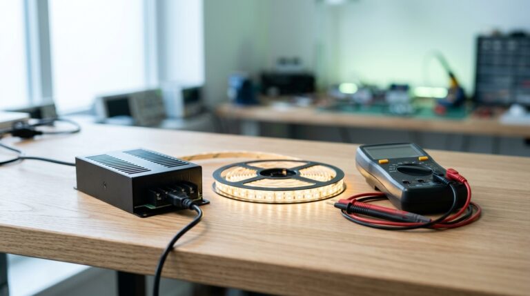 LED tápegység, meleg fehér LED szalag és multiméter a munkaasztalon