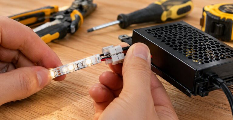 LED szalag bekötése tápegységre forrasztásmentes csatlakozóval, műhelyasztalon