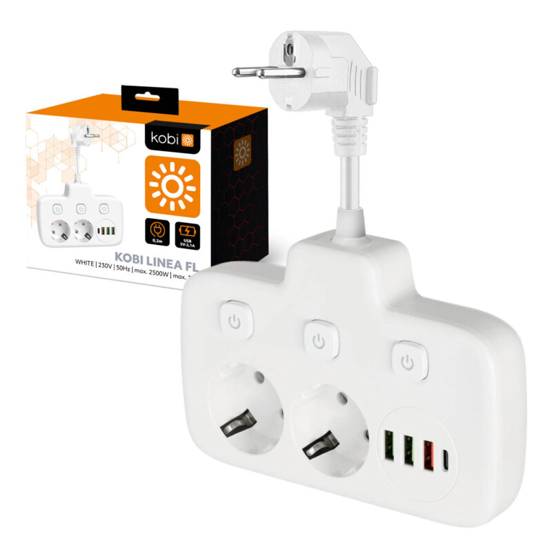 przedluzacz-kobi-linea-fl-2gn-3usb-1usb-c-0-2m-bialy-kobi-91011efba6a448bbaa757b5a7e1f17c9-0728cd58.jpg KOBI LINEA PRO FL asztali elosztó 2 aljzat + 3× USB-A + 1× USB-C, 3 kapcsolóval, fehér