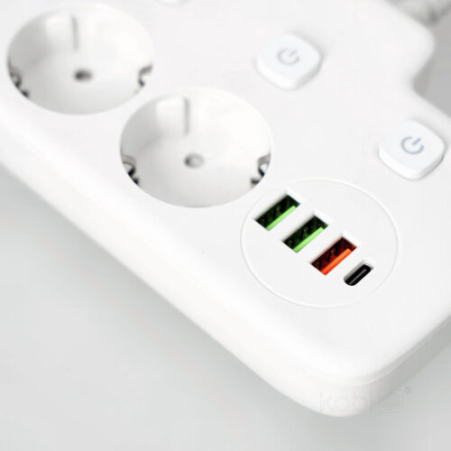 KOBI LINEA PRO FL asztali elosztó 2 aljzat + 3× USB-A + 1× USB-C, 3 kapcsolóval, fehér
