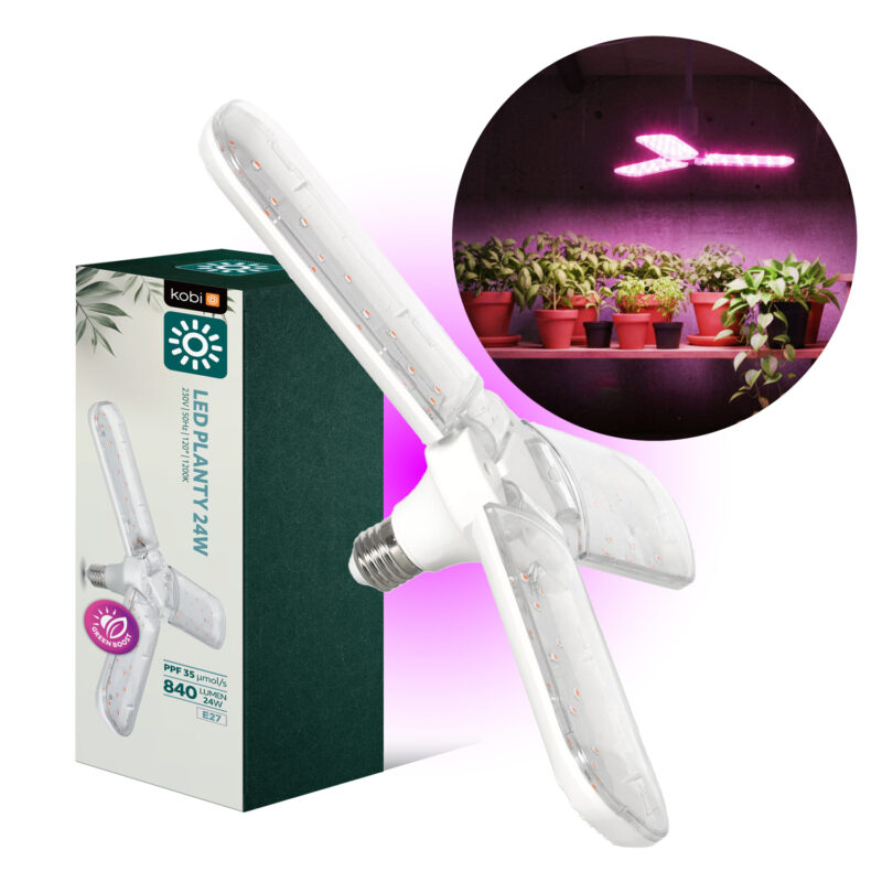 KOBI LED PLANTY növénynevelő LED izzó E27 24W, 3 állítható fényvetővel, kettős növényspektrum