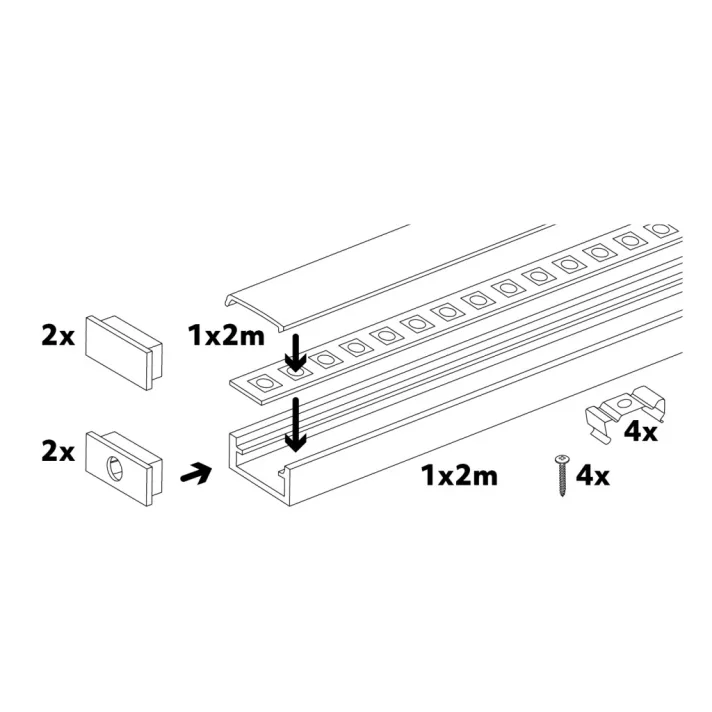 Felületre szerelhető LED-aluprofil szett P01 opál fedlappal 2000 mm eloxált ezüst,004627