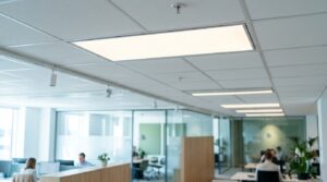 Kazettás álmennyezetbe süllyesztett 60x60 cm-es, UGR<19 káprázásmentes LED panelek egy modern irodában, természetes fehér 4000 K fénnyel